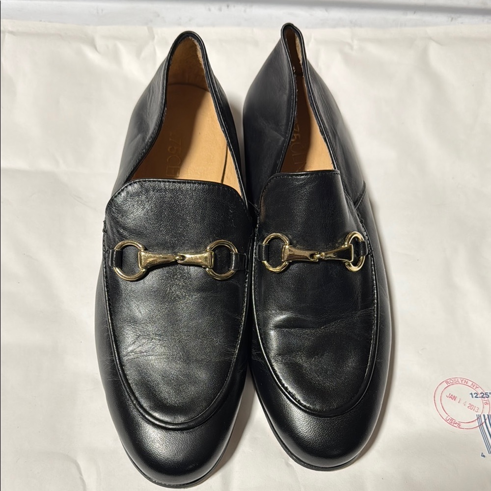 Women's Black Leather Loafers with Gold Accent